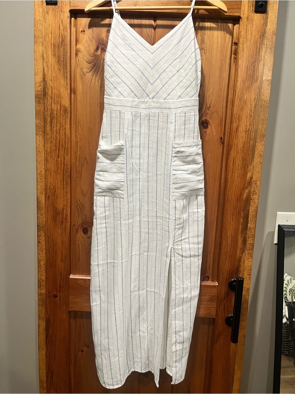 Monteau White and Navy Striped V-Neck Midi Dress with Side Slit - Picture 2 of 8